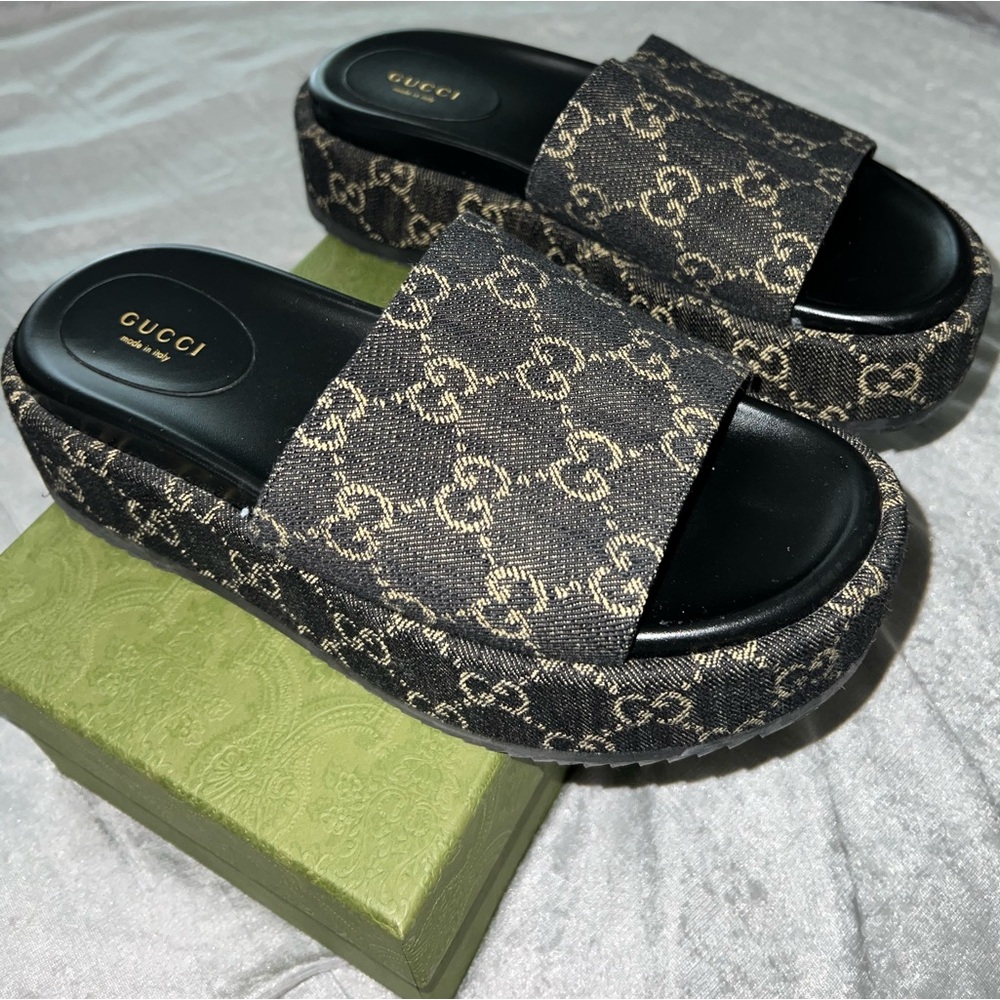 Gucci Angelina Platform Sandal Black Jacquard Denim